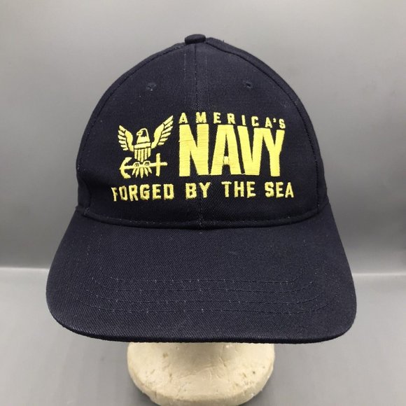 America’s Navy Forged By The Sea Adult Ball Cap Adjustable Black Hat USA - EUC - Picture 1 of 6